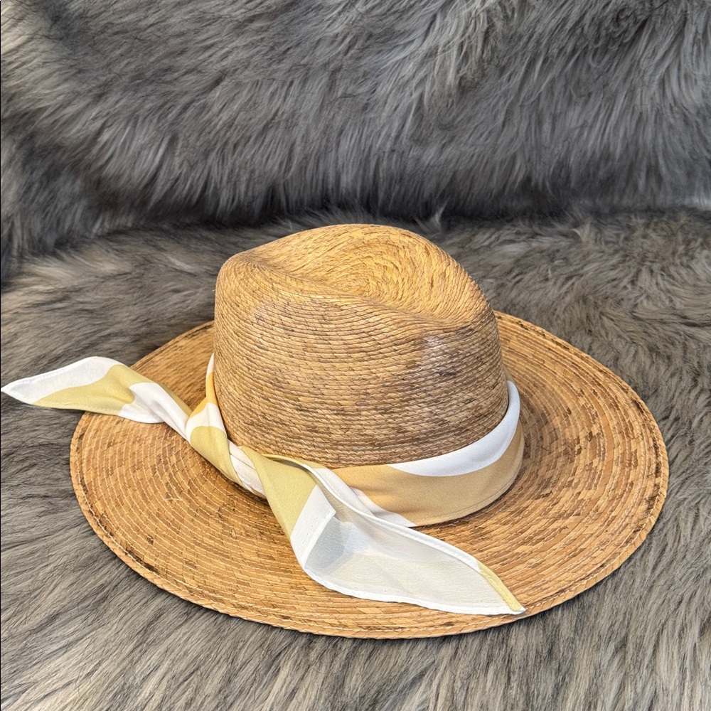NWT Lack Of Color Stylish Tan Straw Hat with Yellow and White Scarf Size S/M